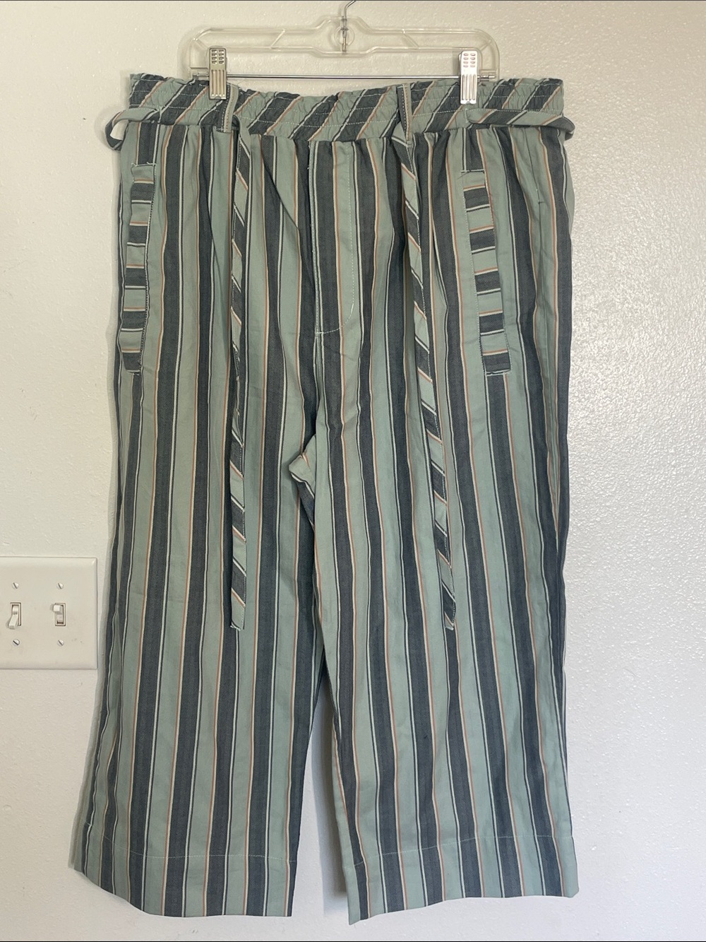 Free People Green and Gray Striped Paperbag Wide-Leg Capris